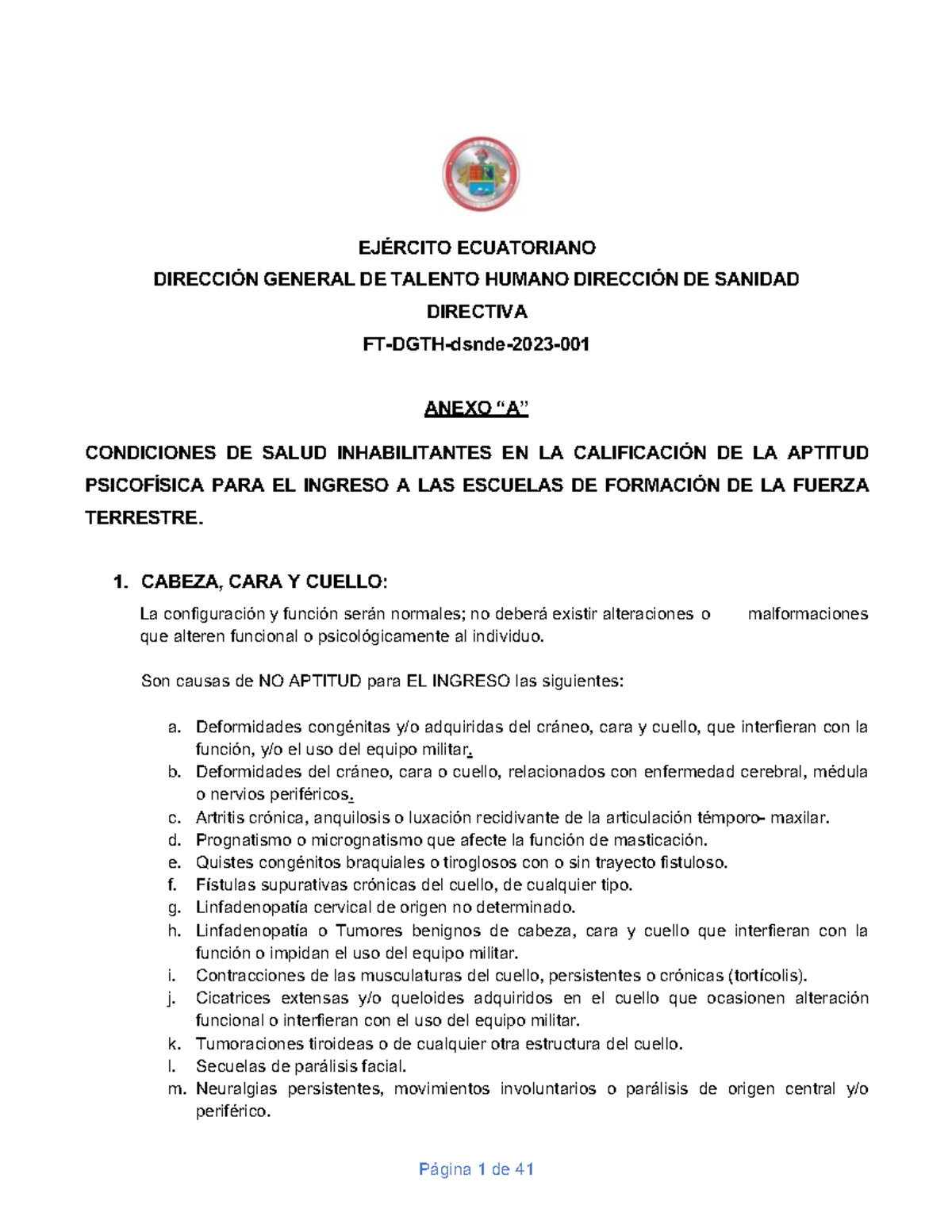 Condiciones de Salud Inhabilitantes para Ingreso Militar - FT-DGTH-2023 ...