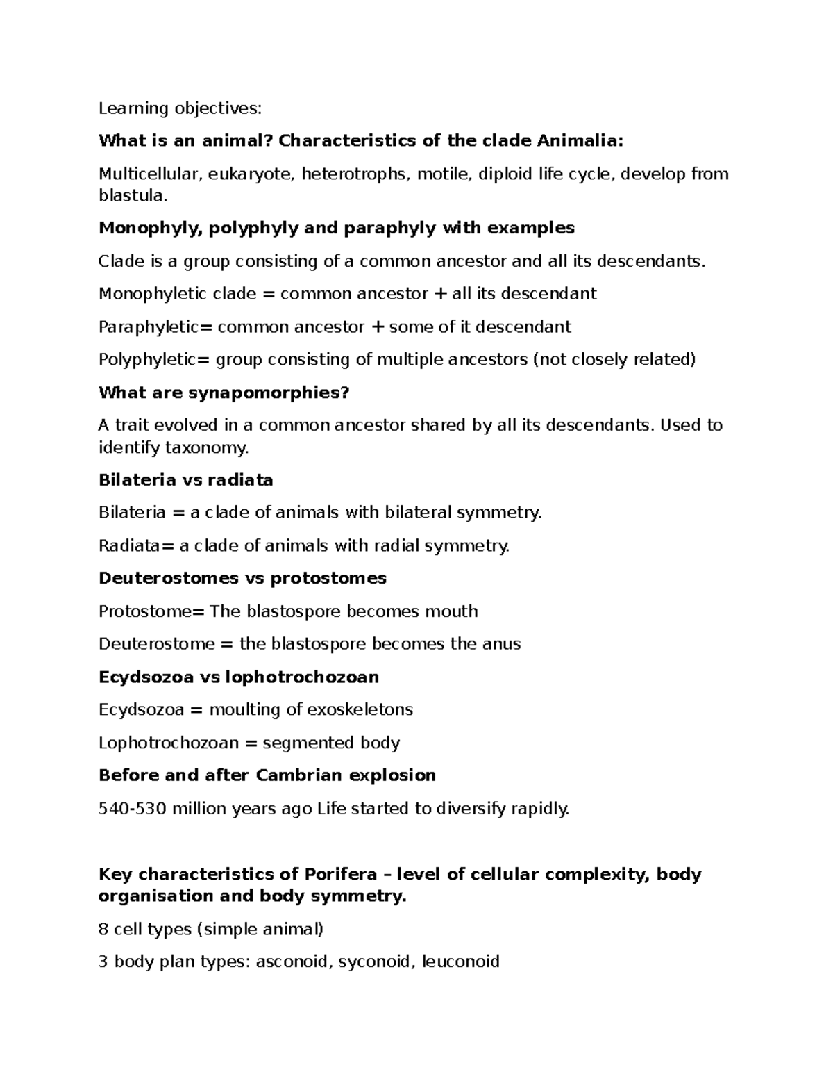 Learning Objectives: Characteristics of Animalia and Evolutionary ...