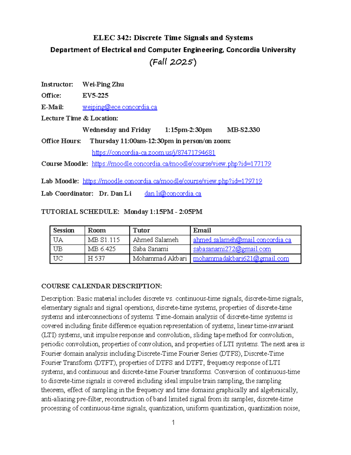 ELEC 342: Discrete Time Signals & Systems Course Outline (Fall 2025 ...