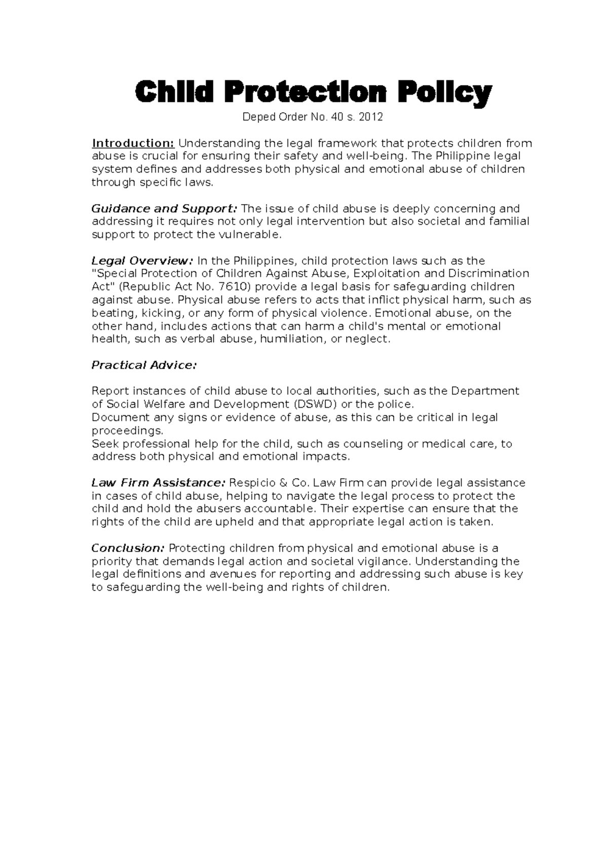 Child Protection Policy Overview: Legal Framework and Support ...