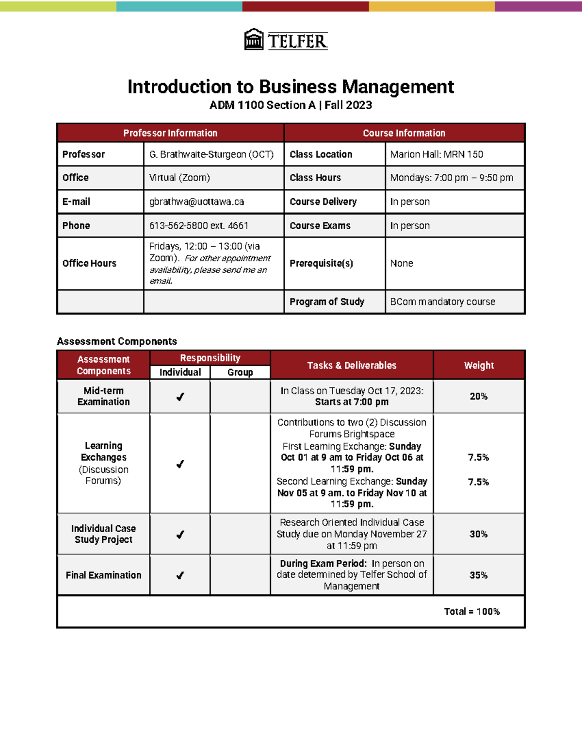ADM-1100 Fall 2023 Business Management Syllabus & Course Details - Studocu