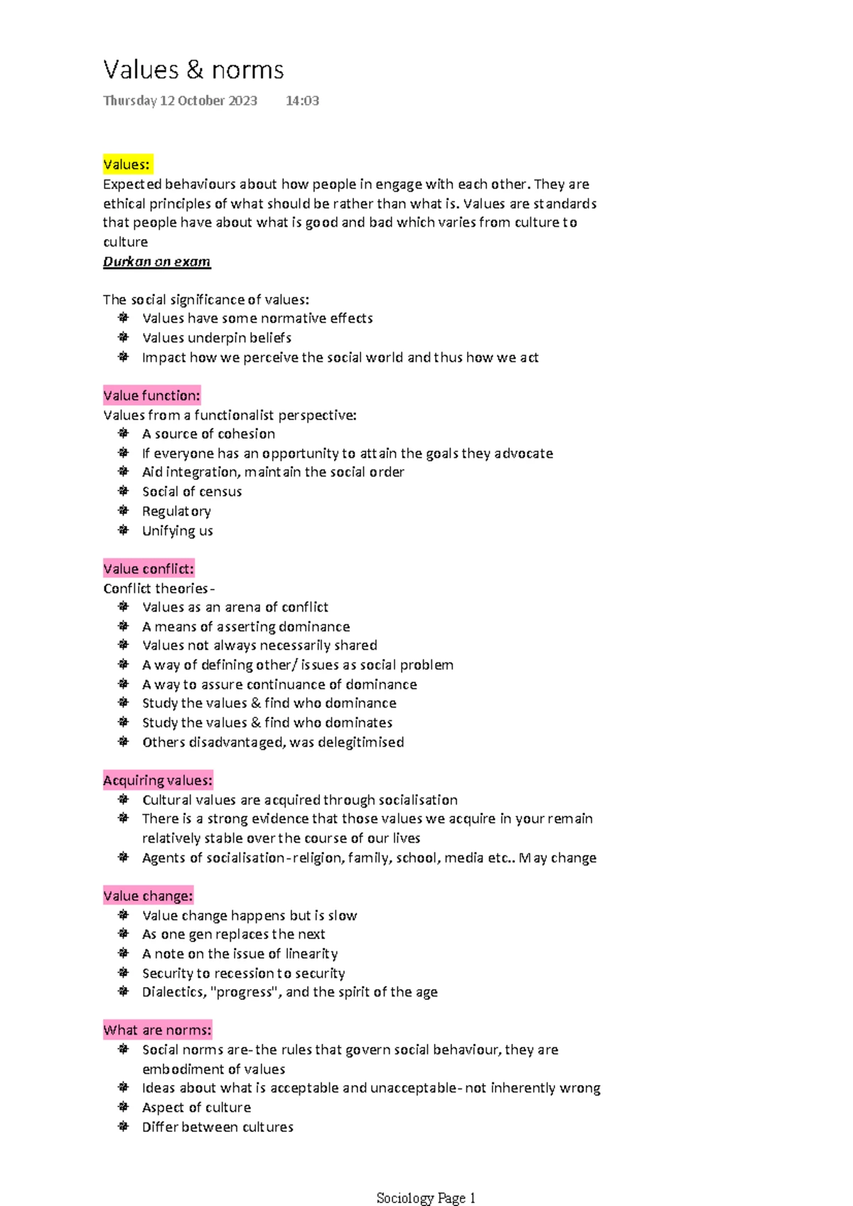 Introduction to Sociology (SOC101): Summary of Values and Their ...