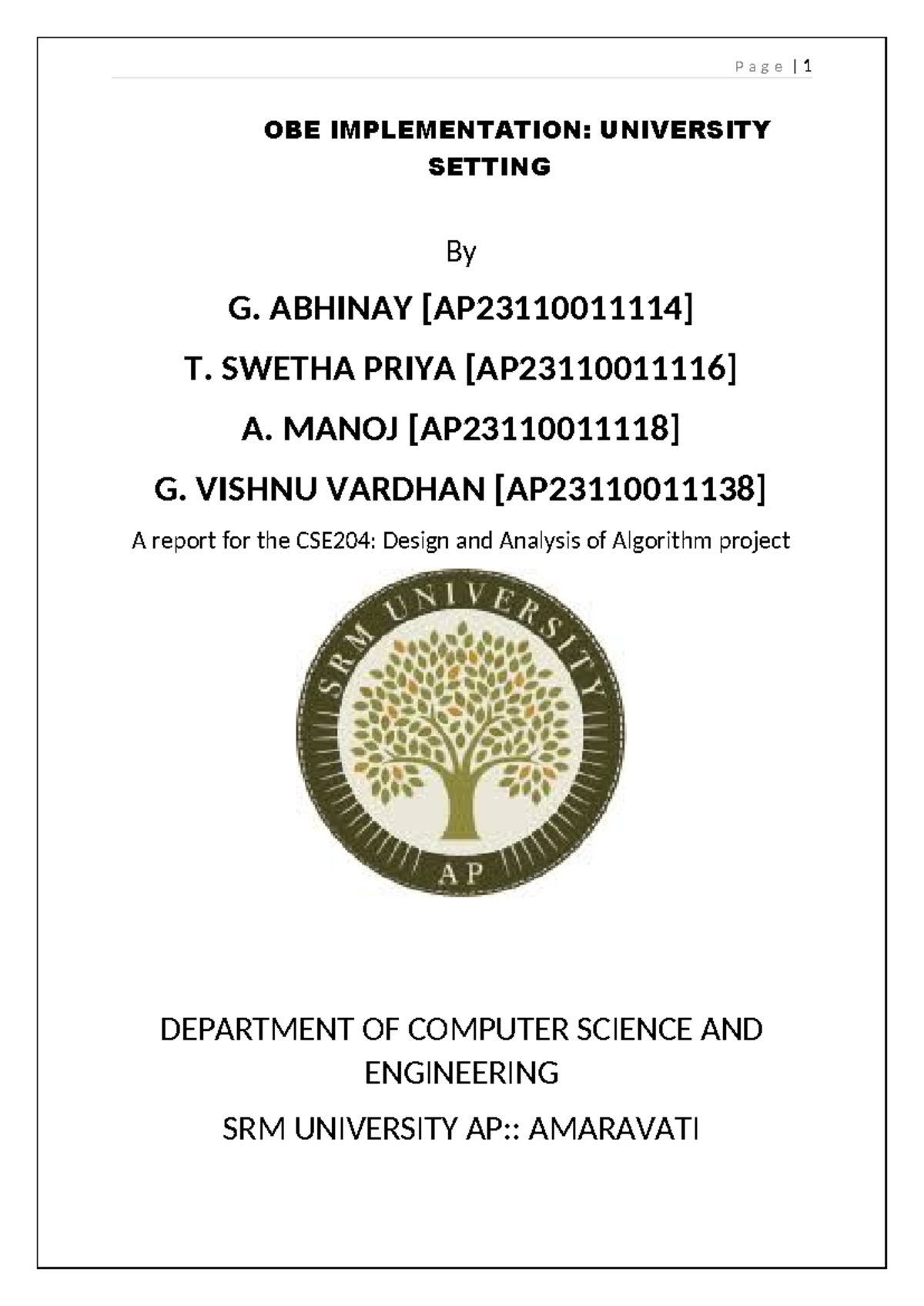 CSE204 Project Report: OBE Implementation and Algorithm Analysis - Studocu