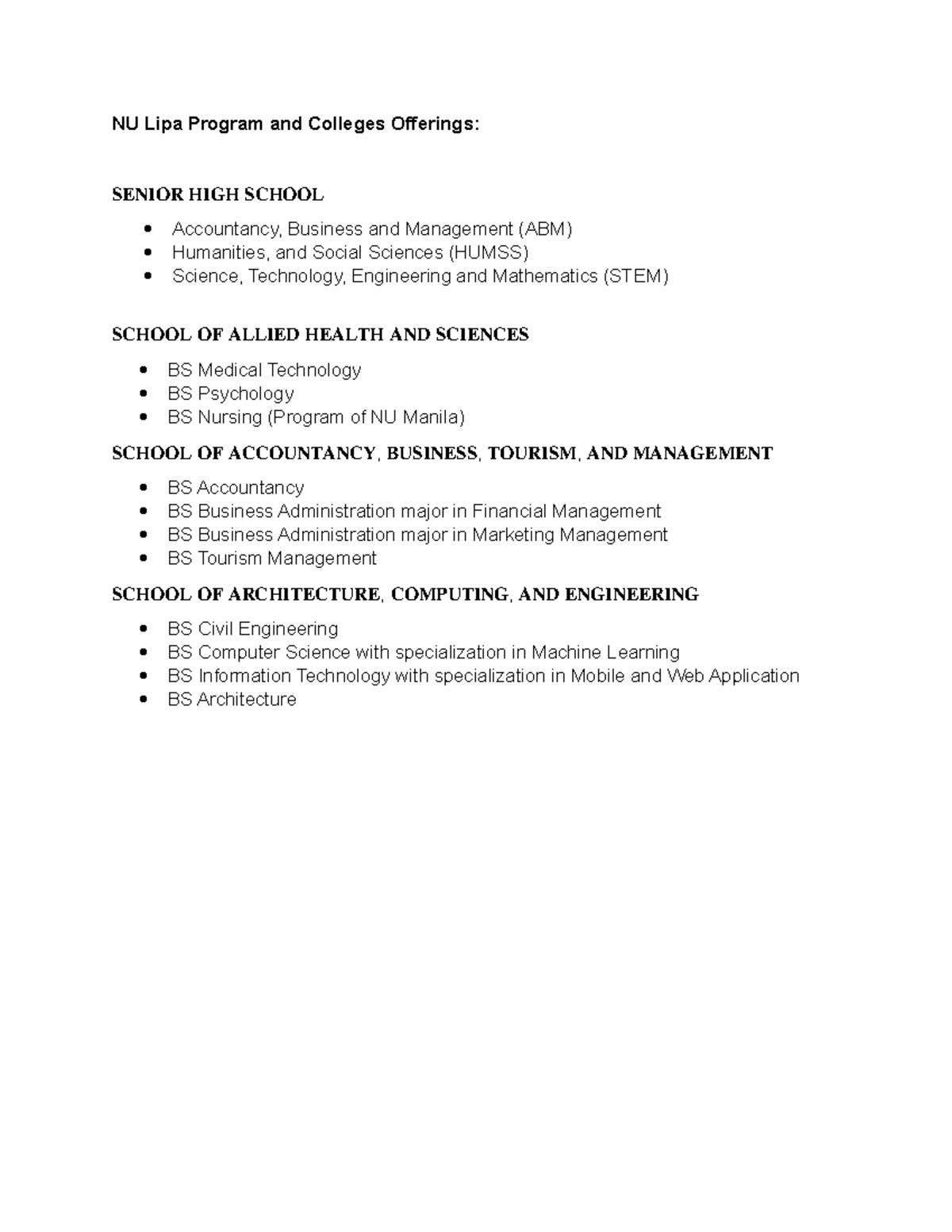 NU Lipa Program and Colleges Offerings - NU Lipa Program and Colleges ...