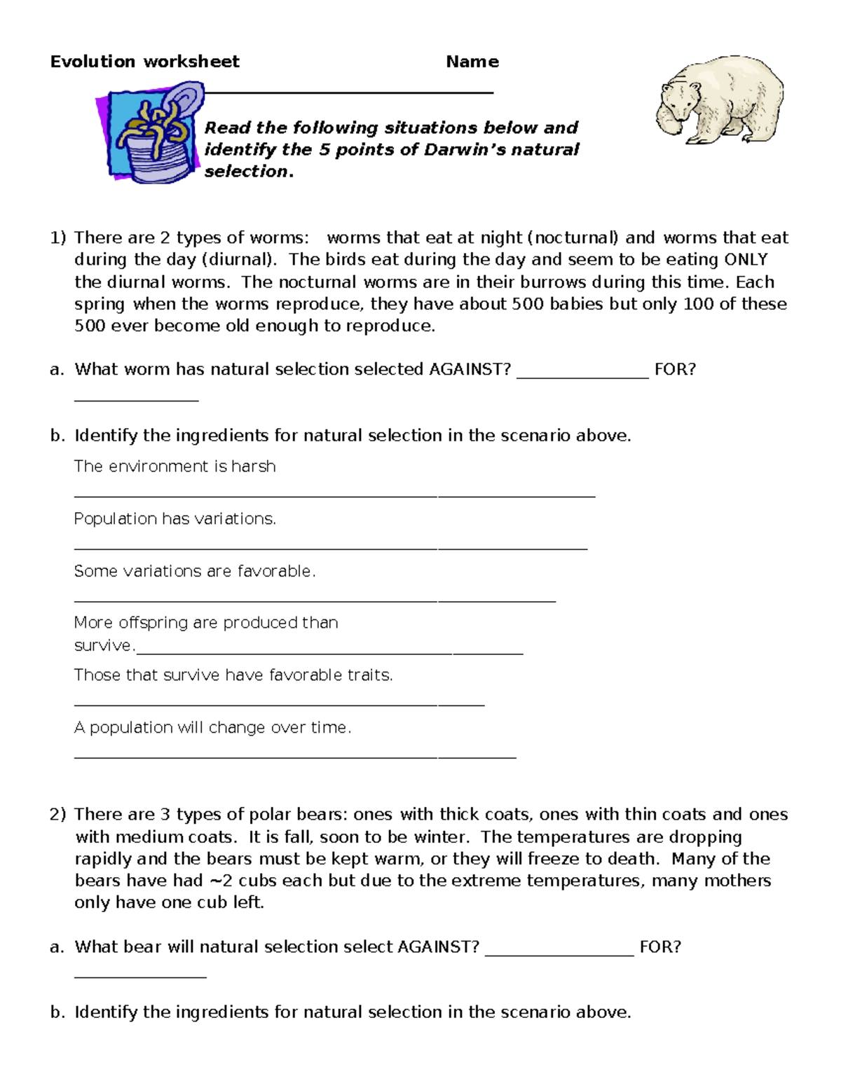 Evolution Worksheet: Understanding Natural Selection Concepts - Studocu