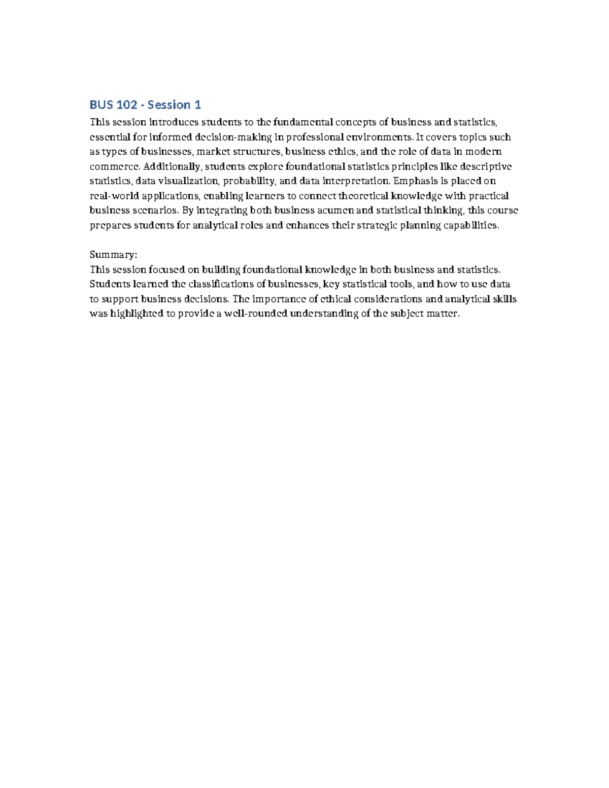 BUS 102 Session 1: Intro to Business Concepts & Statistics - Studocu