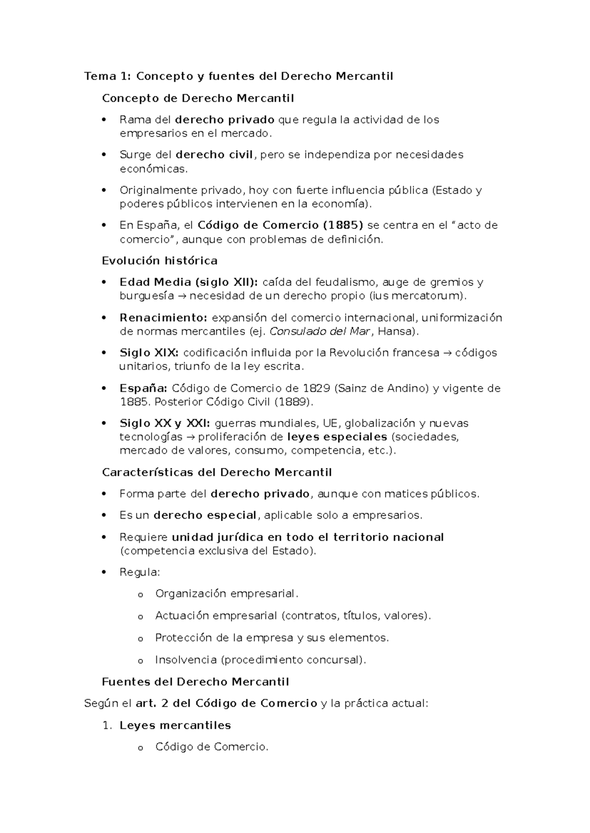 Tema 1: Concepto y Fuentes del Derecho Mercantil - Studocu