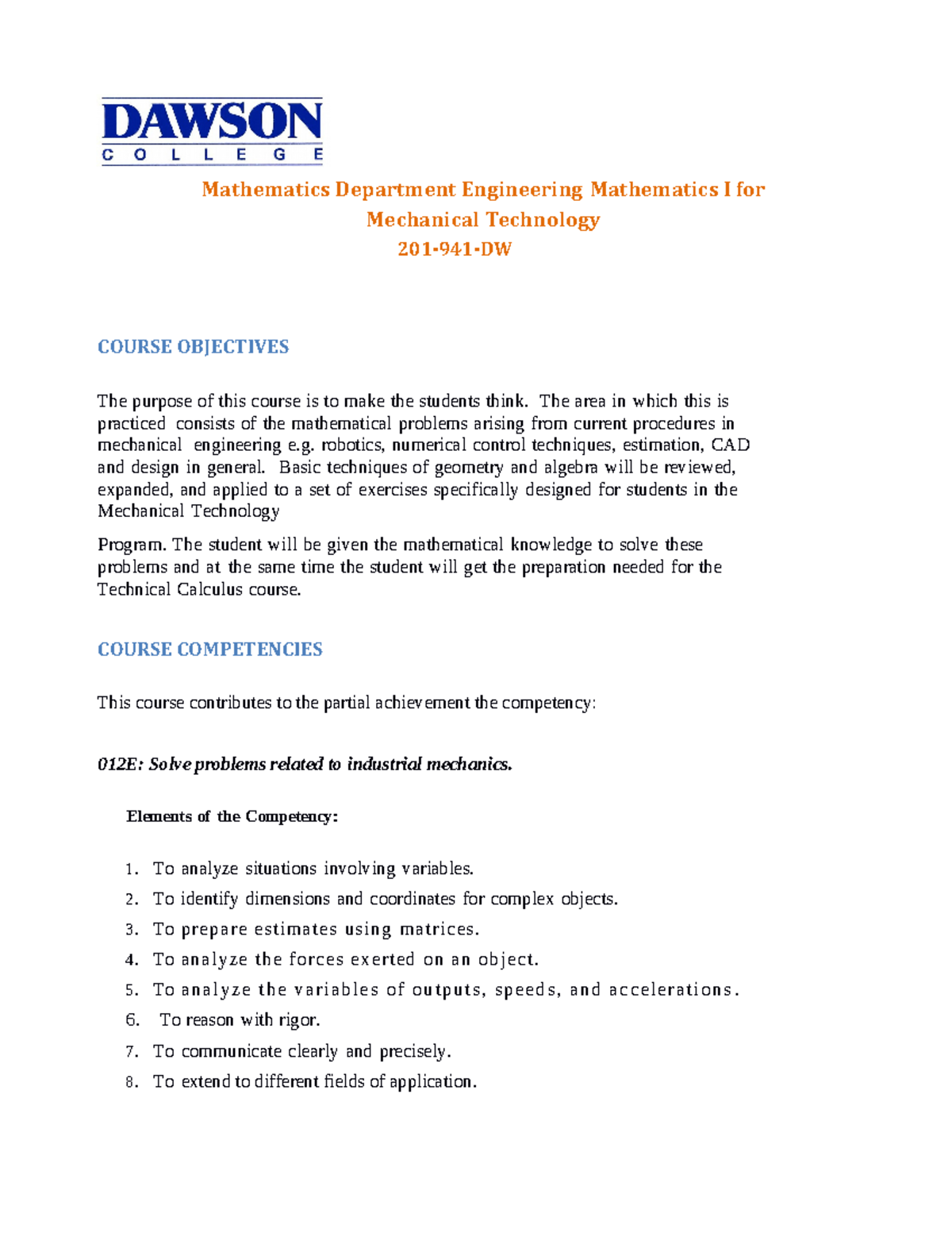 Engineering Mathematics I Course Outline - 201-941-DW - Studocu
