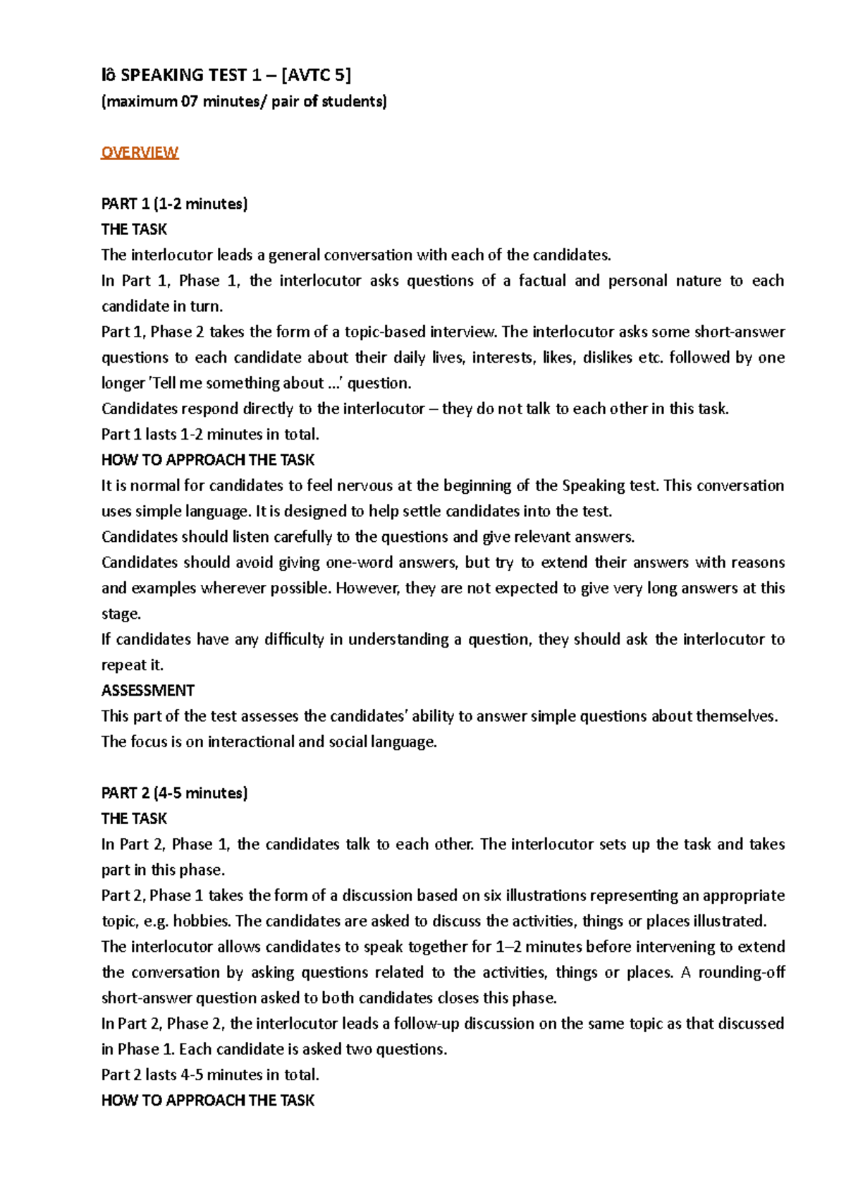 S212 - Speaking Test 1 Overview and Guidelines [AVTC 5] - Studocu