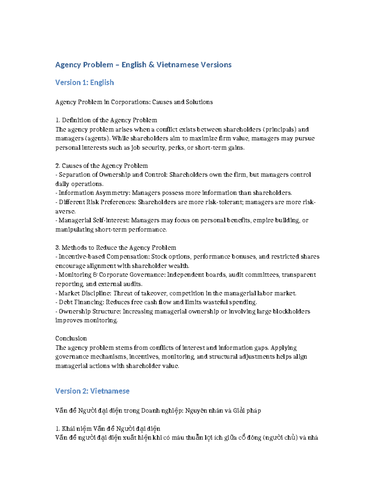 Agency Problem (ENG-VN): Causes, Solutions & Governance Mechanisms ...
