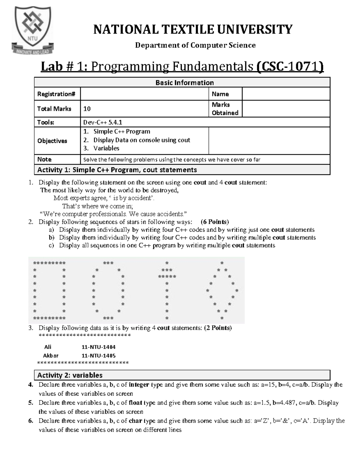 Lab 1: Simple C++ Output Using cout Statements (CSC-1071) - Studocu