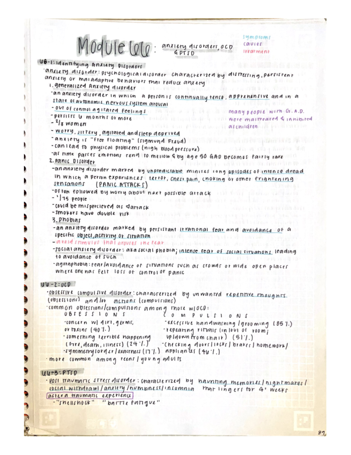 AP Psychology Module 66 - Anxiety Disorders, OCD, and PTSD - symptoms ...