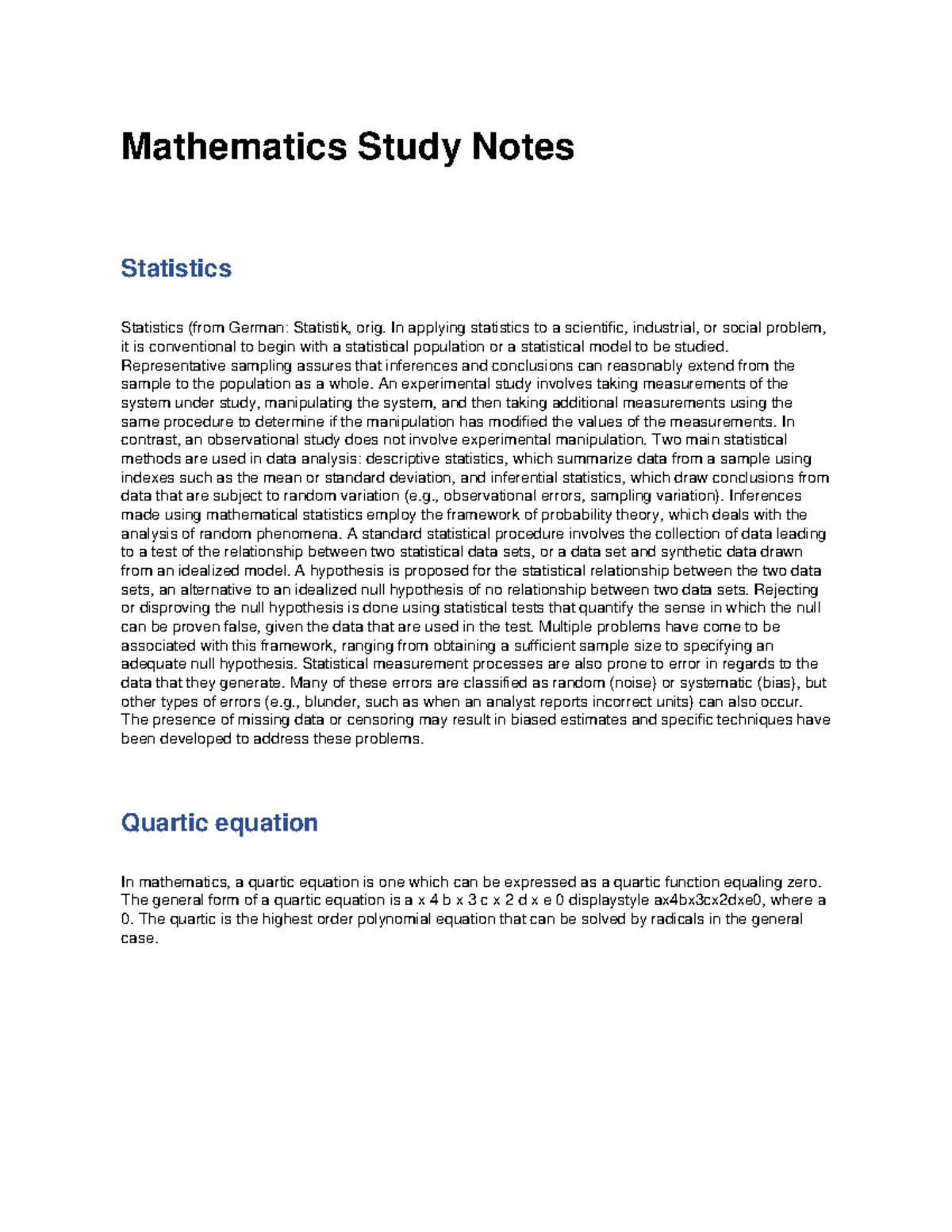 Mathematics Study Notes: Statistics & Quartic Equations (MATH 8) - Studocu