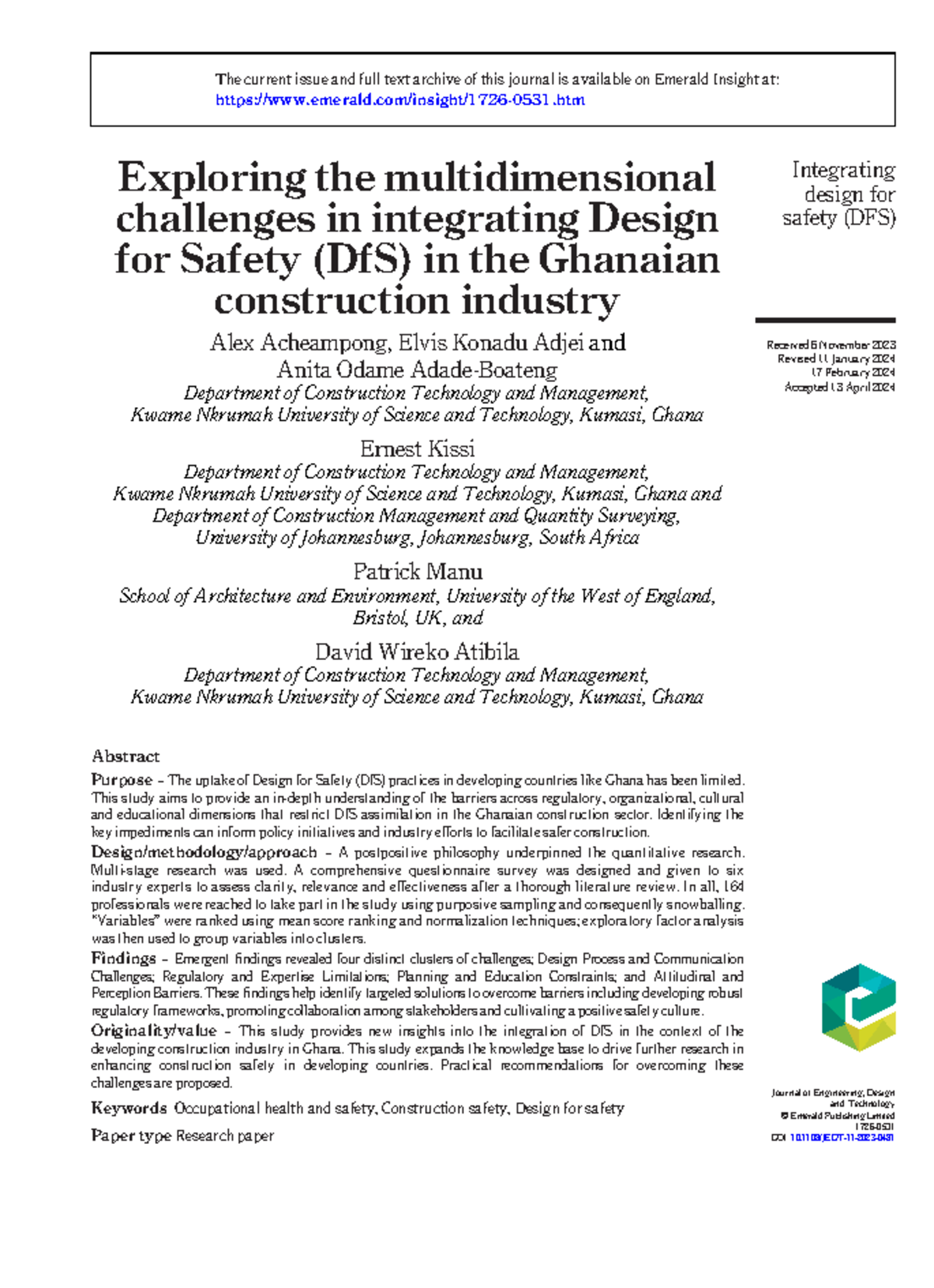 Design for safety - This study aims to provide an in-depth ...