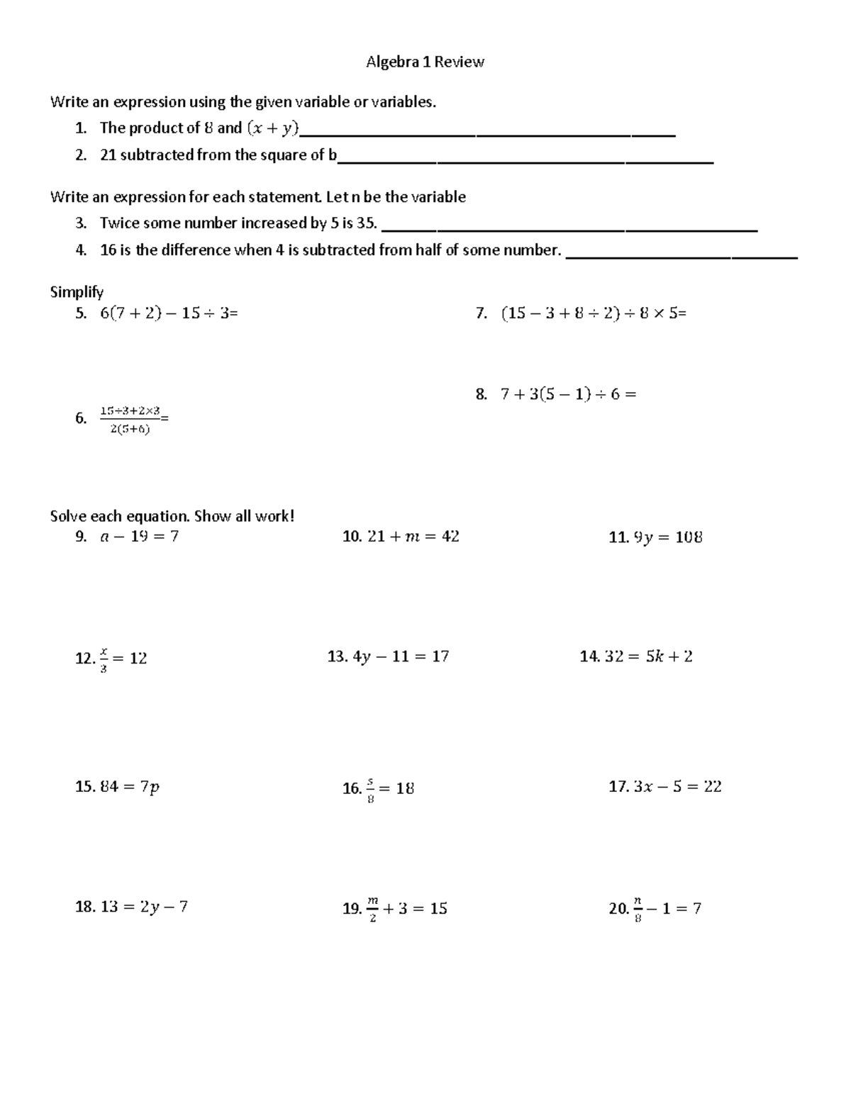 Algebra 1 Review 2020-2021: Expressions & Equations Guide - Studocu