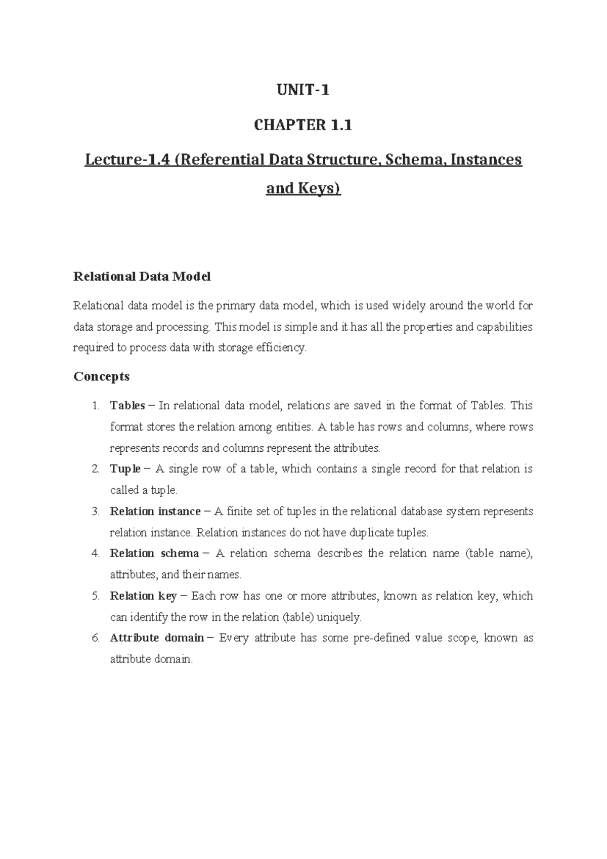 Notes Chapter 1.1 Lecture 1.4(Referential Data Structure, Schema ...