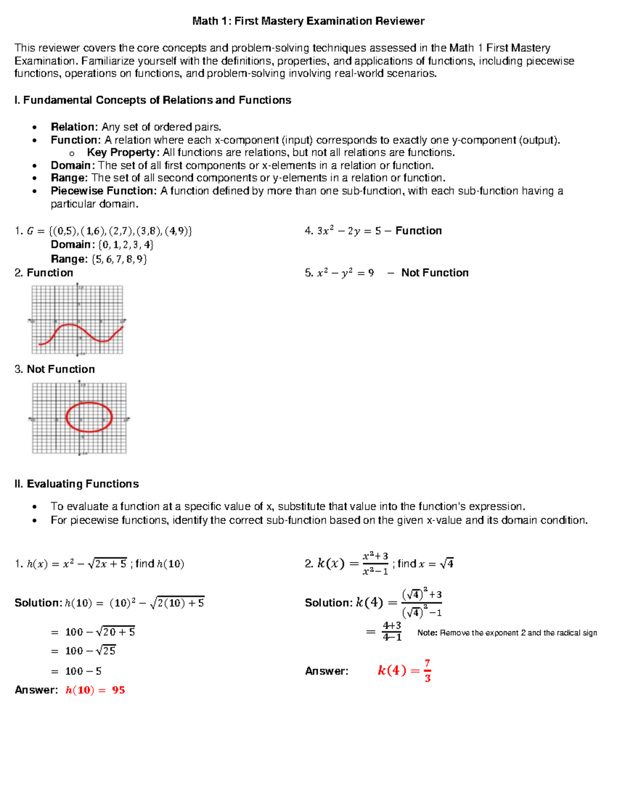 Math 1: First Mastery Exam Reviewer on Functions and Relations - Studocu