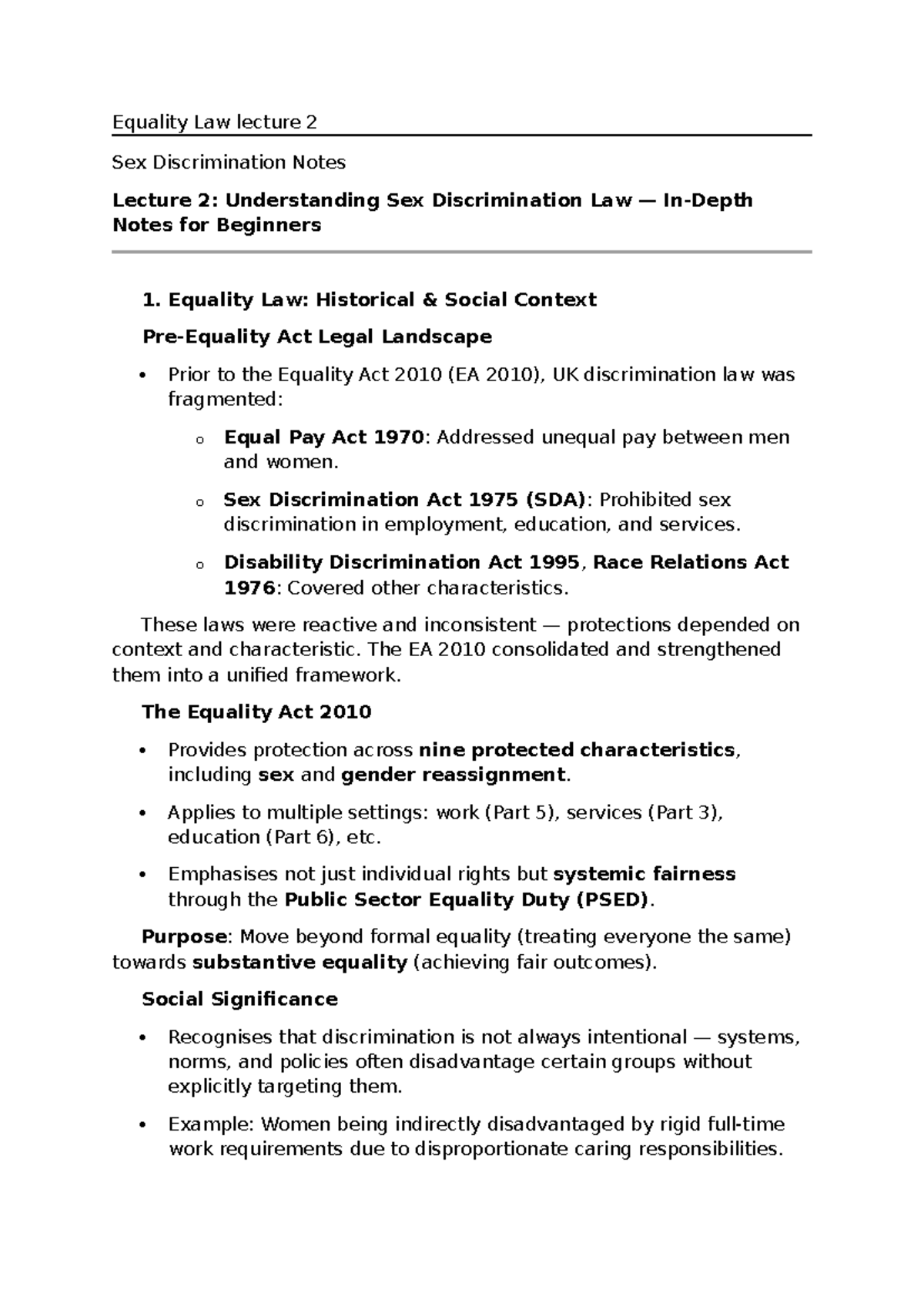 Equality Law Lecture 2: Understanding Sex Discrimination Concepts - Studocu