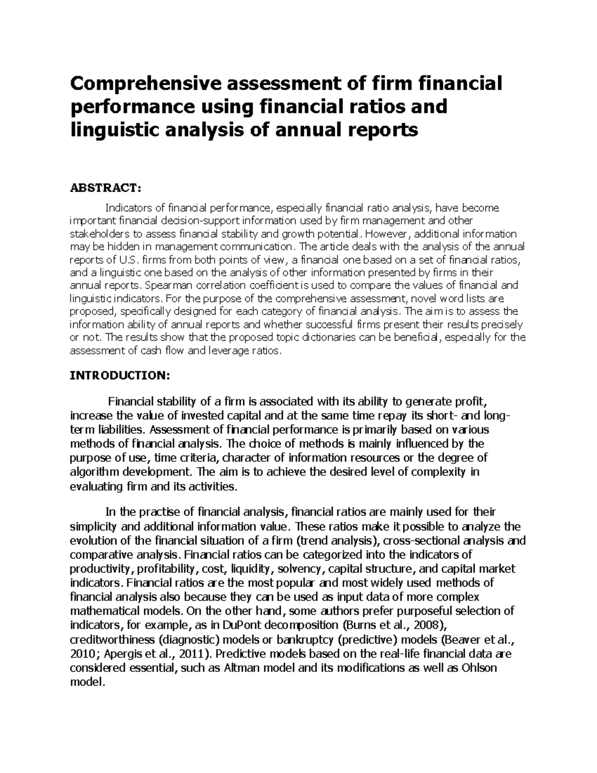 2ND Journal Critique - Comprehensive assessment of firm financial ...