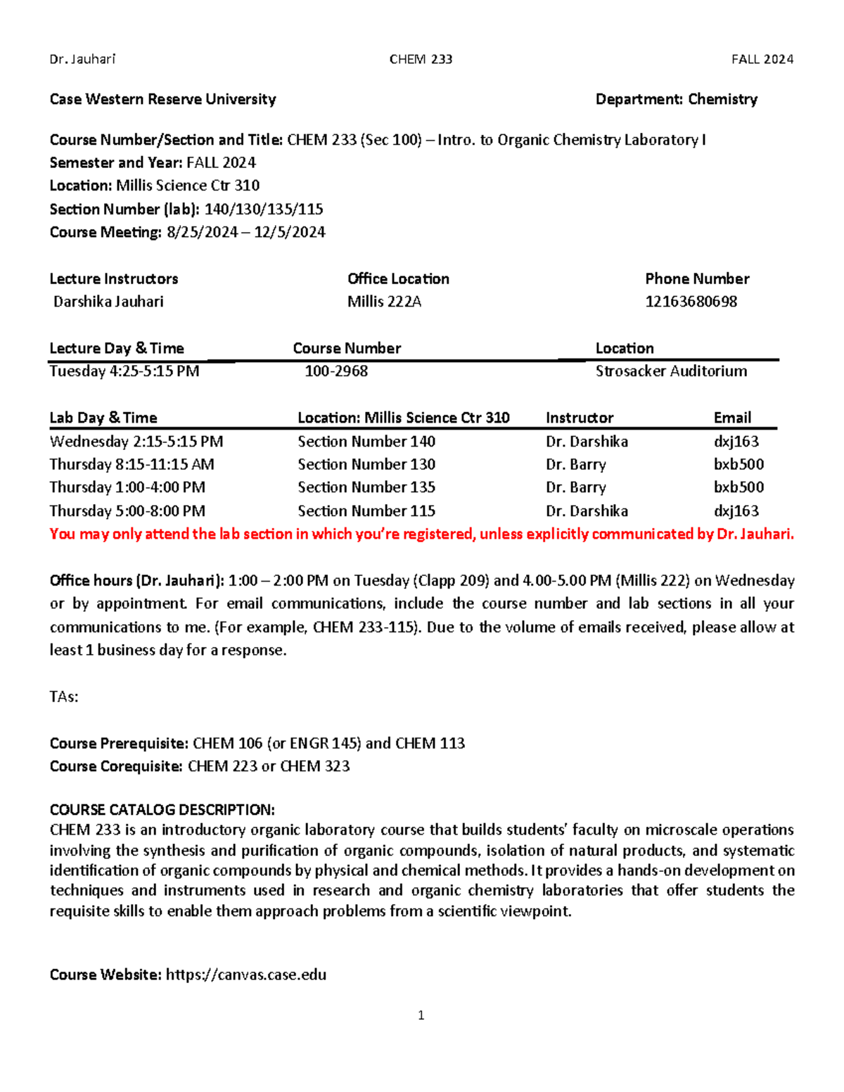 CHEM 233 Syllabus - Organic Chemistry Lab I for Fall 2024 - Studocu