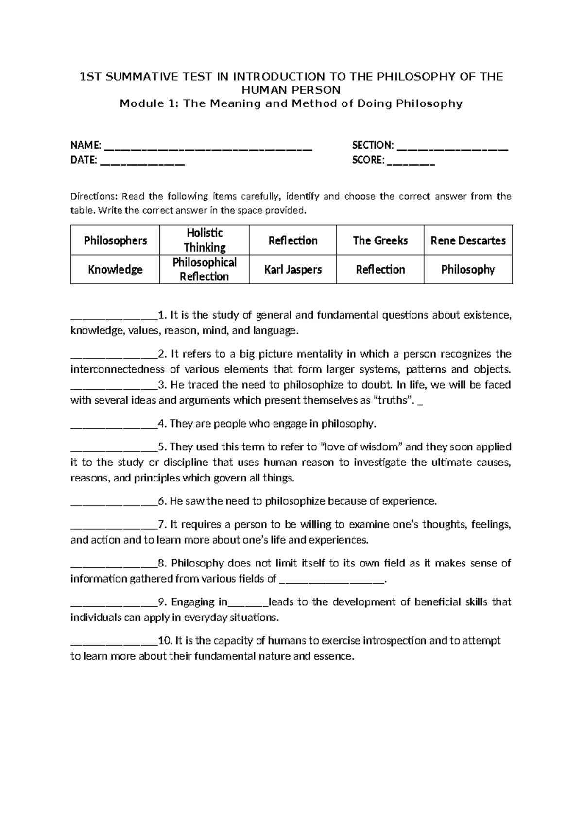 1ST SUMMATIVE TEST IN INTRODUCTION TO PHILOSOPHY OF HUMAN PERSON - Studocu
