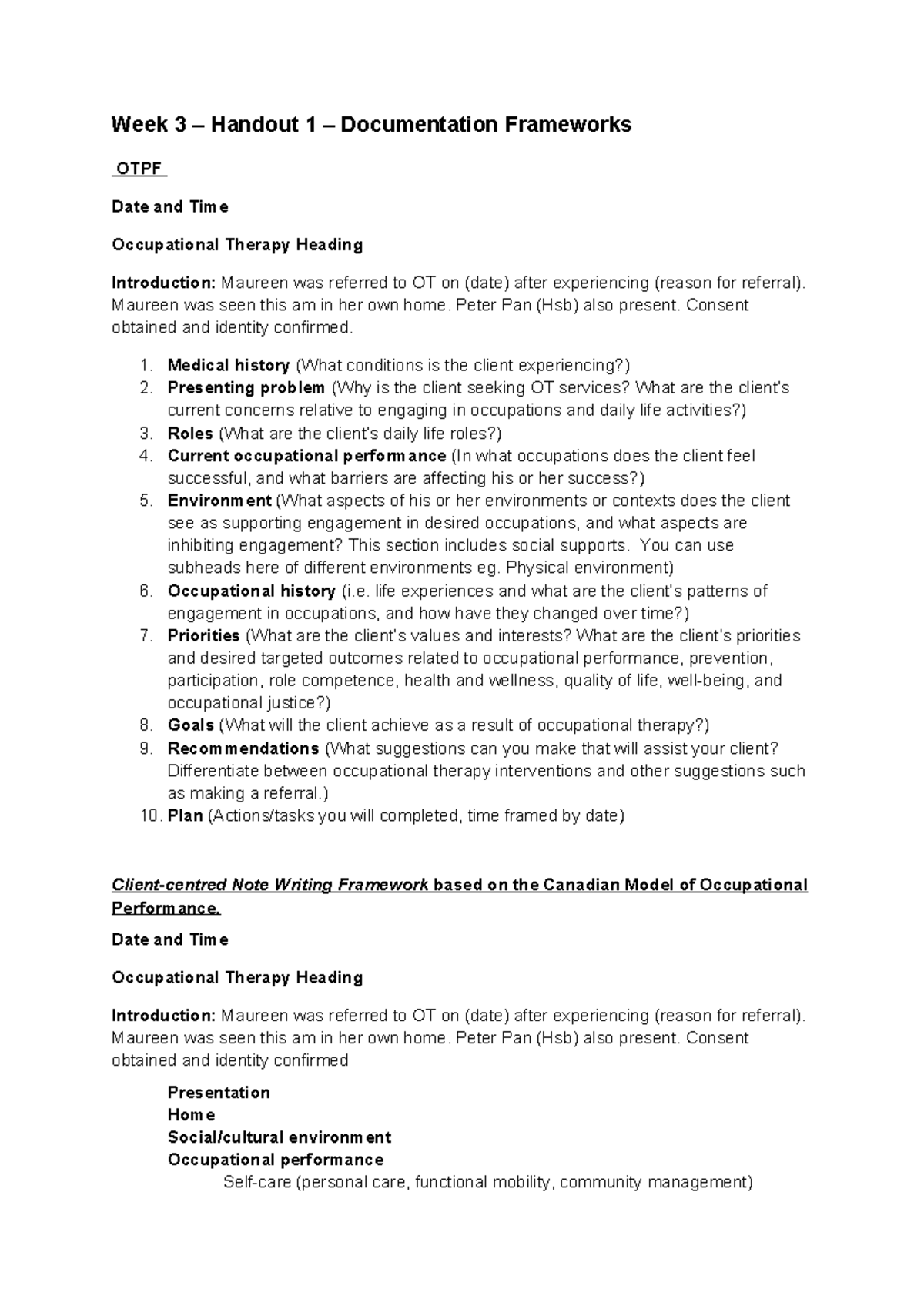 OT 101 - Handout 1: Initial Interview Documentation Framework - Studocu