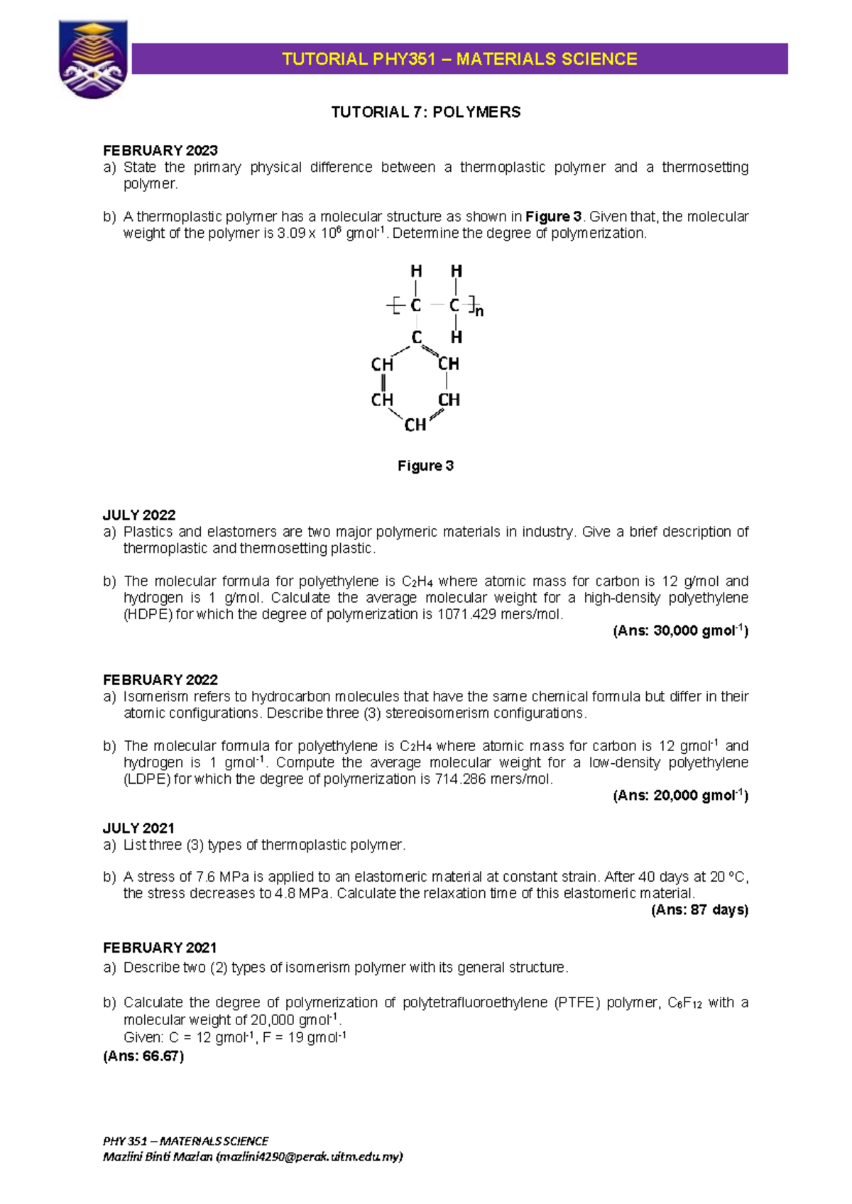 PHY351 Materials Science Tutorial 7: Polymers Overview - Studocu