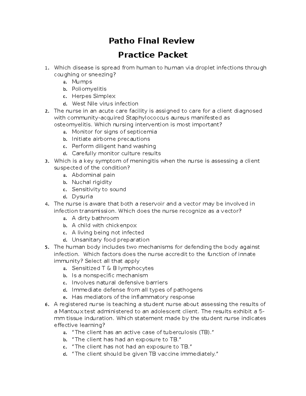 Patho 101 - Final Review Practice Questions & Answer Key - Studocu