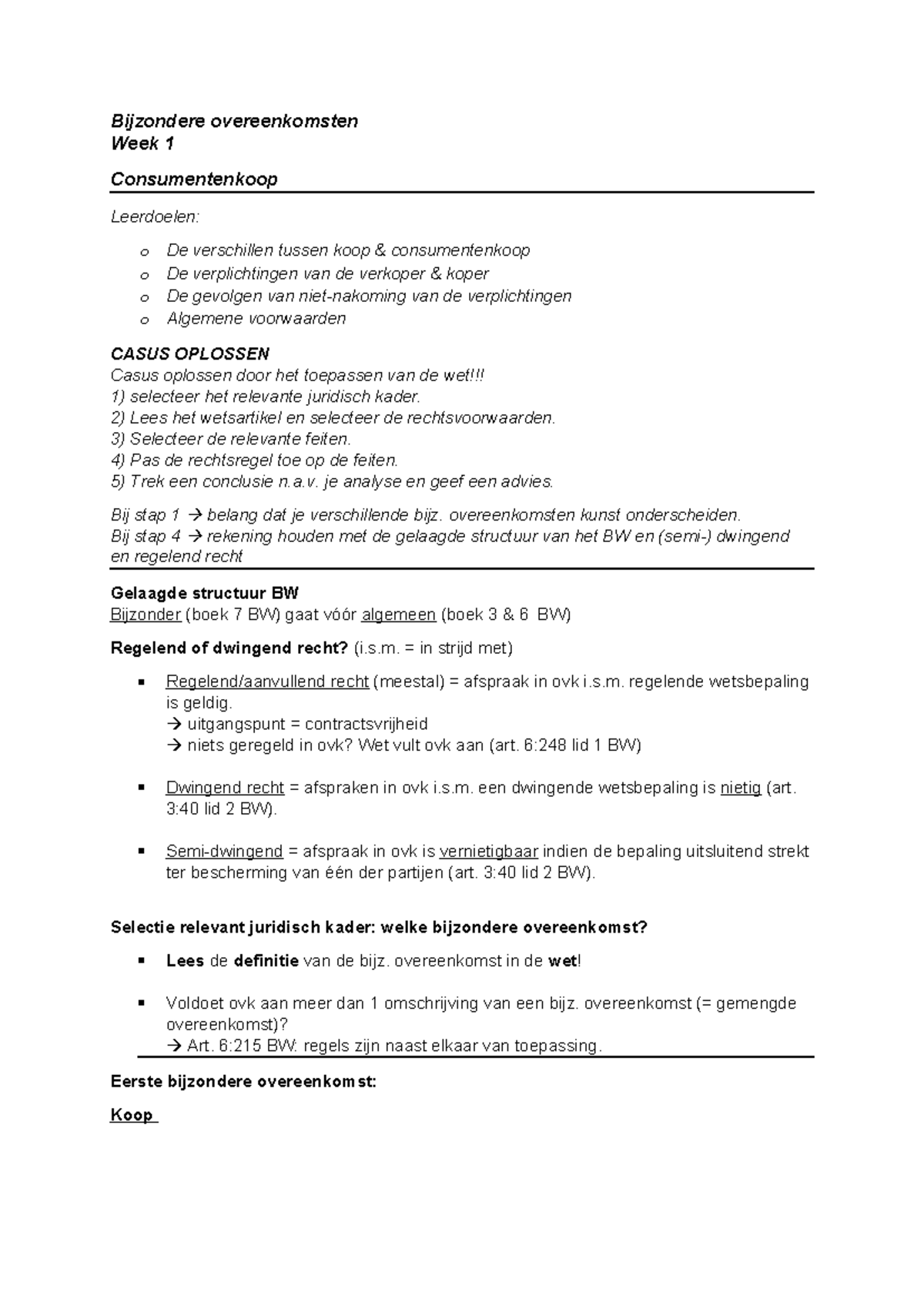 Week 1: Inleiding tot Consumentenkoop en Bijzondere Overeenkomsten ...