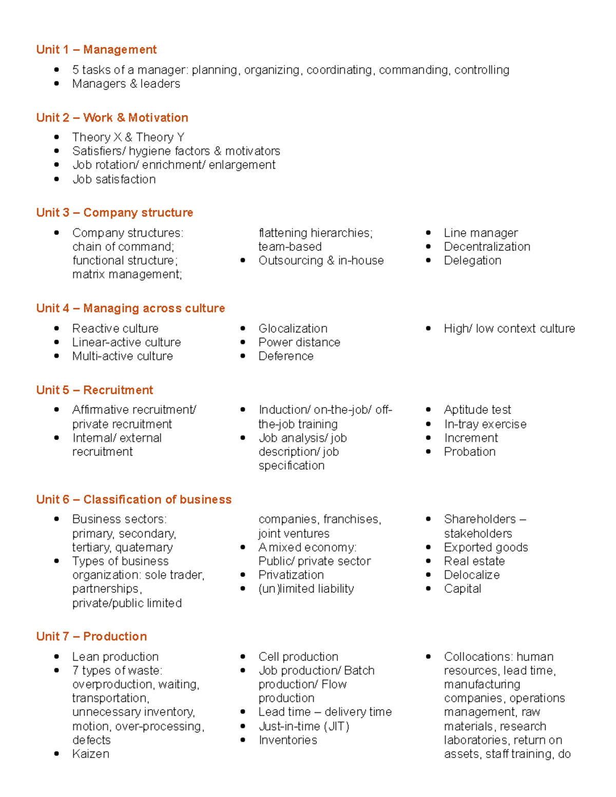 Unit 1-17 Management & Marketing Revision Notes - Studocu