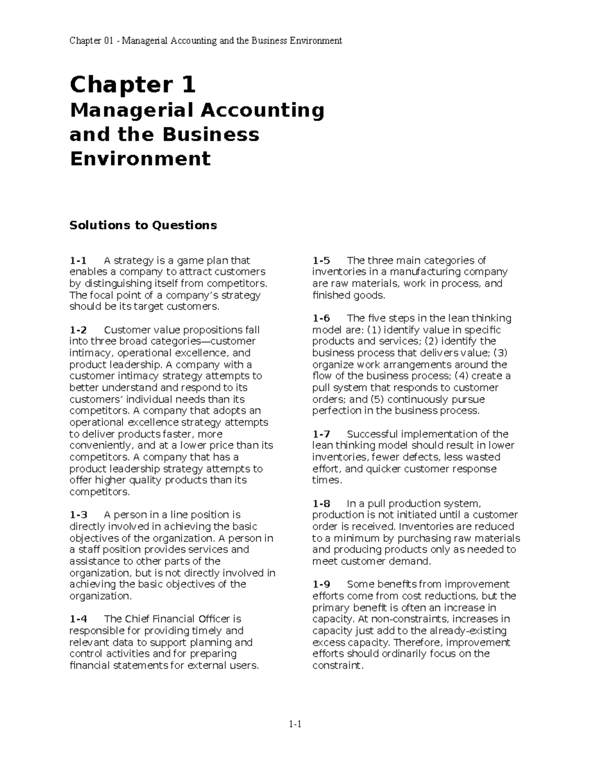 MNG CH1 TS - Managerial accounting 12th edition Chapter 1 solution ...