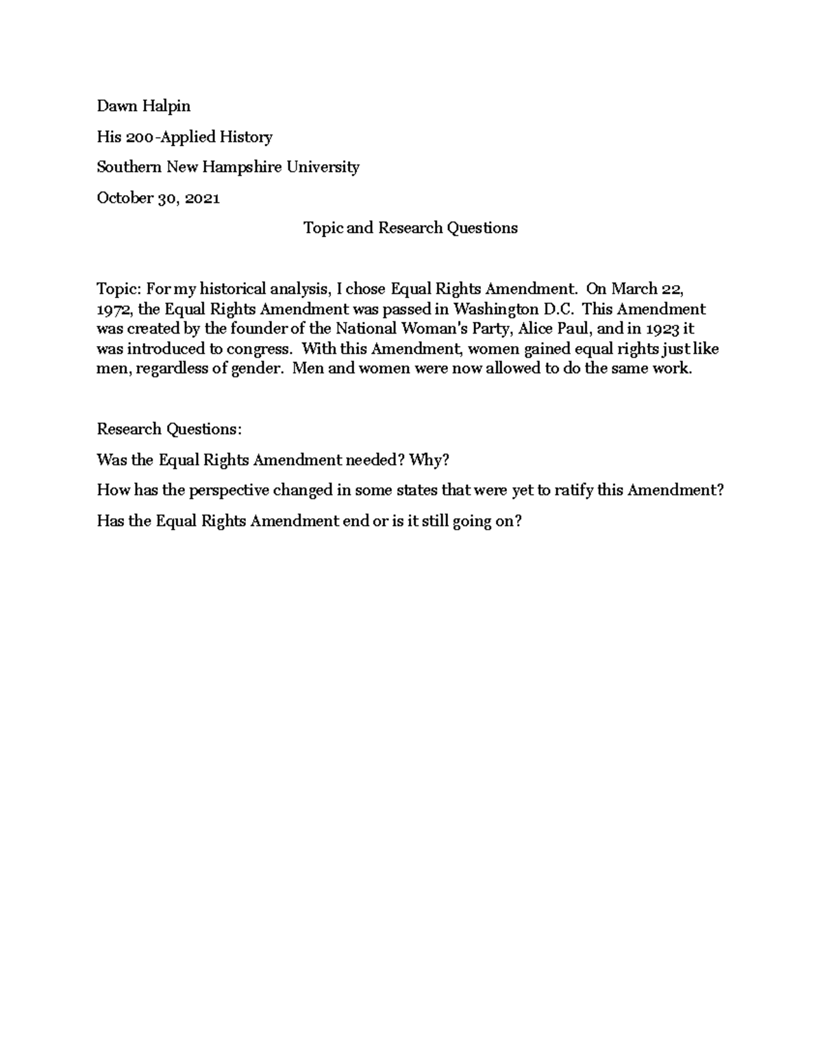 Module 1-3 Writing Plan - Dawn Halpin His 200-Applied History Southern ...