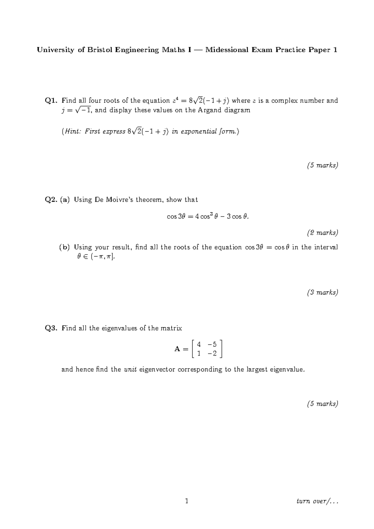 Engineering Maths I - Midsessional Exam Practice Paper 1 - Studocu