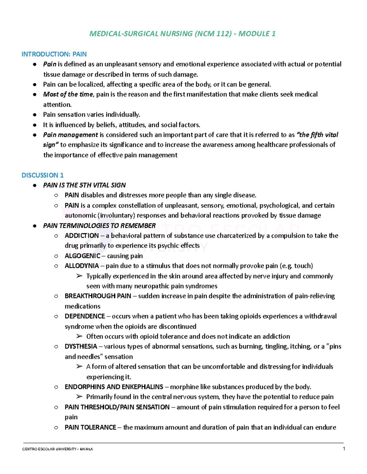 NURSING NOTES: PAIN MANAGEMENT LECTURE - NURS 101 - Studocu
