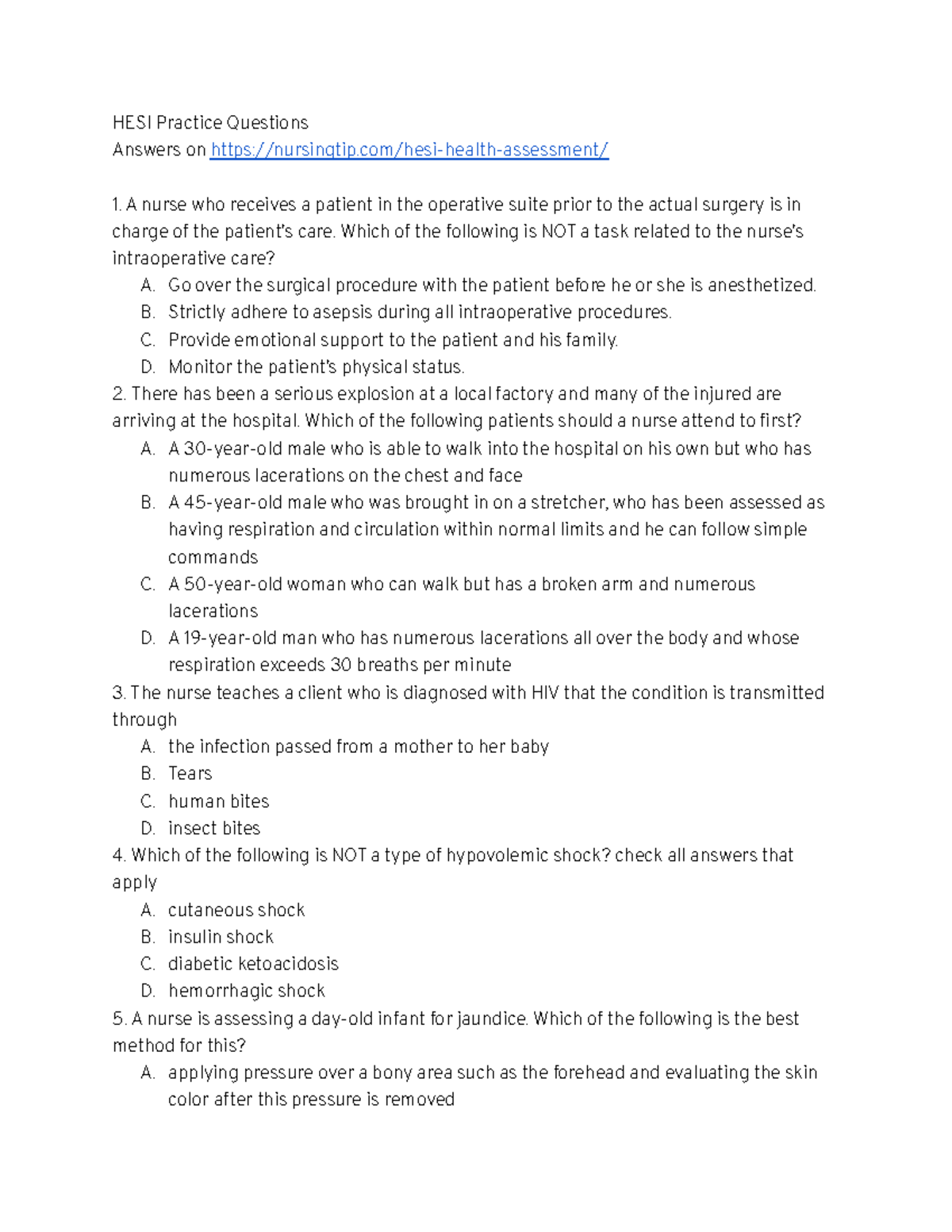 HESI Practice Questions and Answers for Health Assessment Exam - Studocu