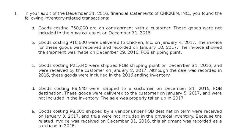 Audit Problems on Inventories for CHICKEN, INC. and KURATSO CO. - Studocu