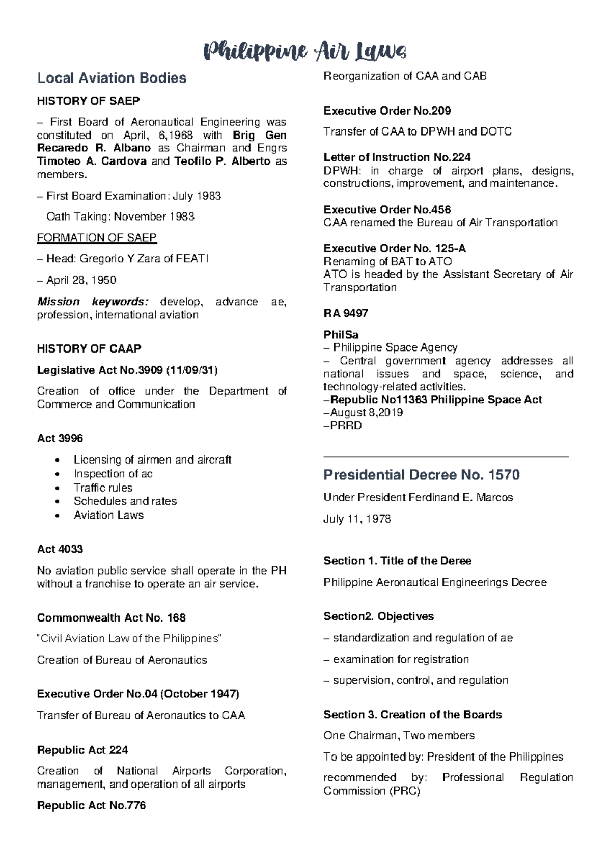 Philippine Air Laws Overview: PD 1570, RA 776, RA 9497 Summary - Studocu