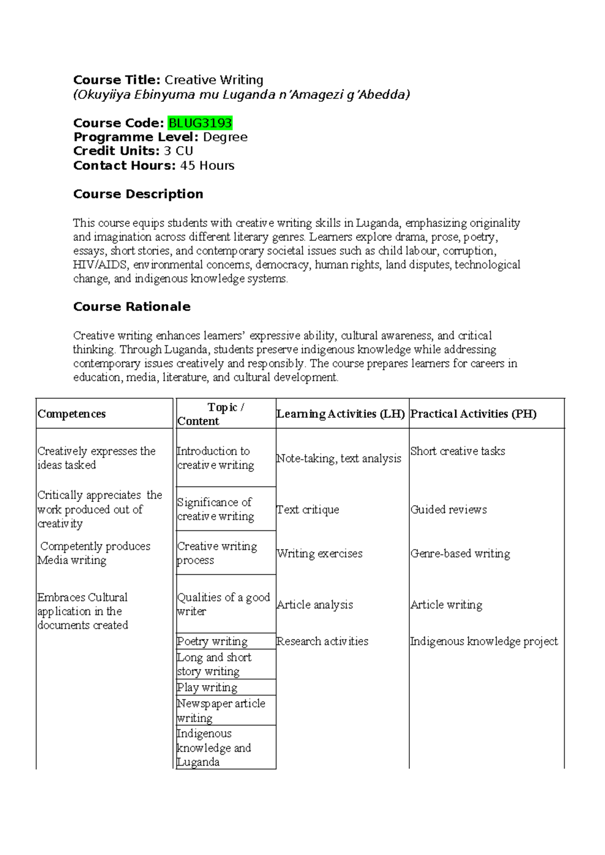 Creative Writing Course Notes (BLUG3193) - Skills & Techniques - Studocu