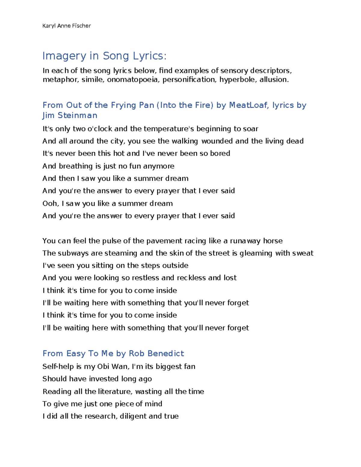 Imagery Analysis in Song Lyrics: Sensory Descriptors & More - Studocu