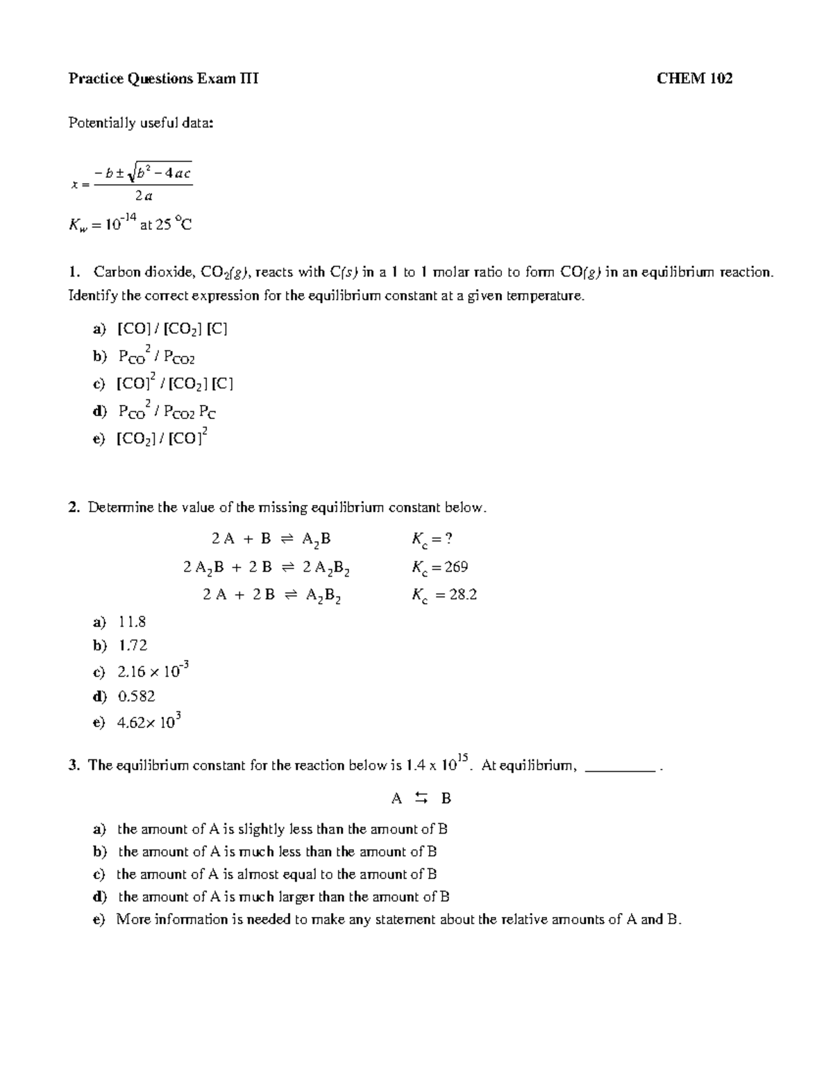 Practice Questions Exam III CHEM 102 W26 - Studocu