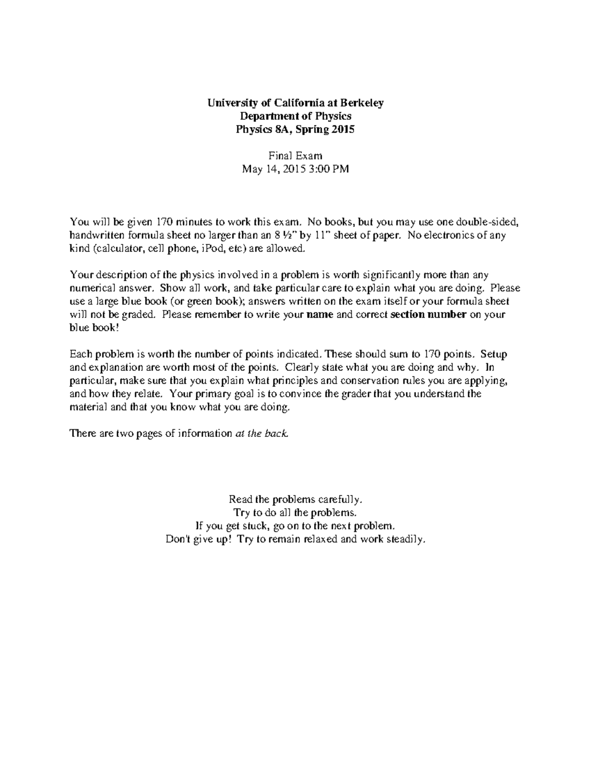 Physics 8A Final Exam Spring 2015 Overview and Guidelines - Studocu