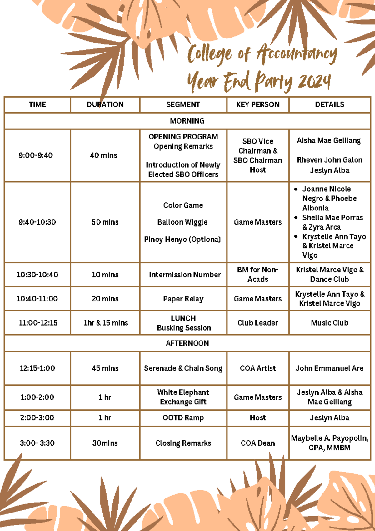 YEAR END Party 2024 Program FLOW - TIME DURATION SEGMENT KEY PERSON ...