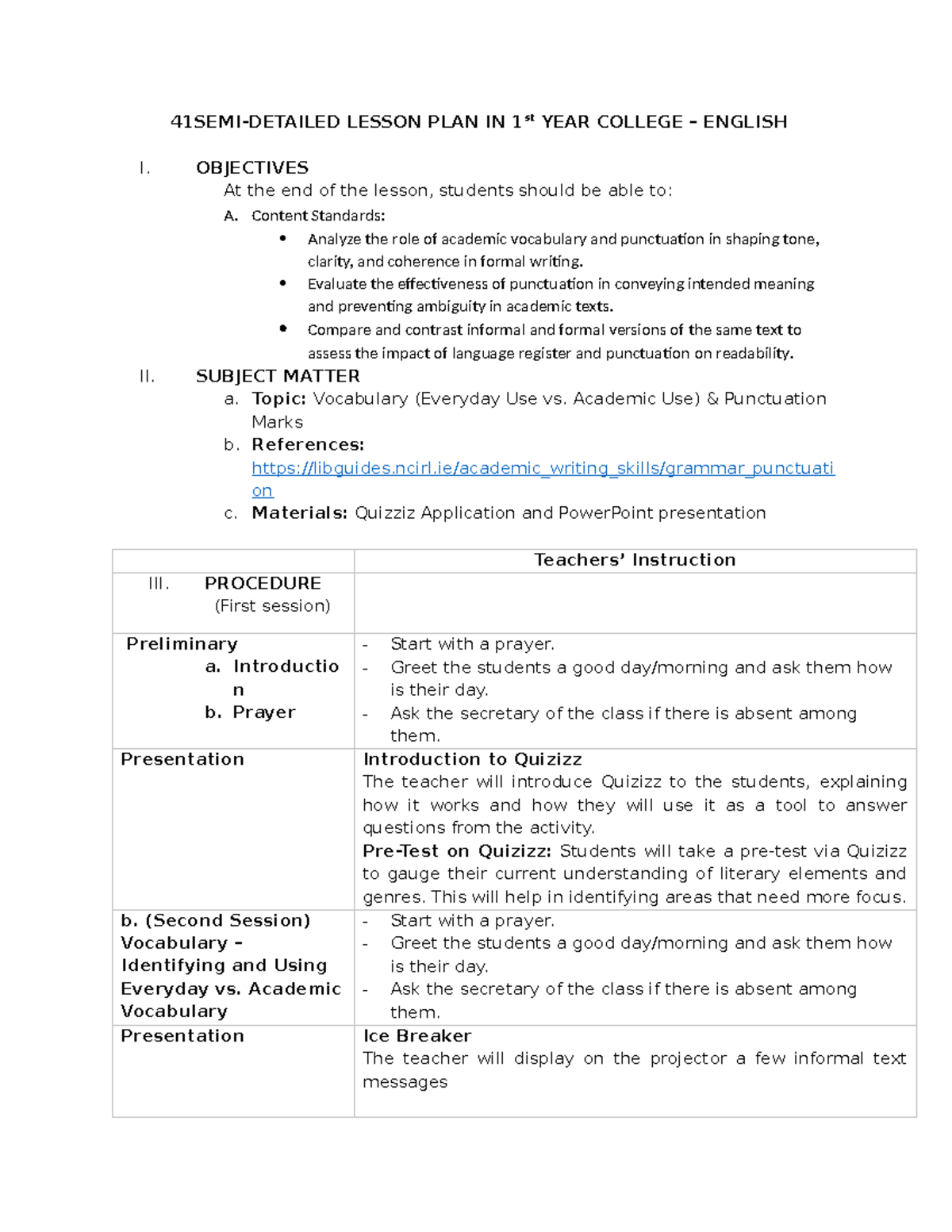SLP 4 Punctuation Marks and Vocabs - 41SEMI-DETAILED LESSON PLAN IN 1st ...
