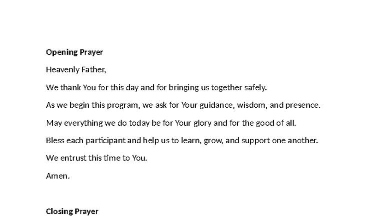 Prayers for Programs: Opening and Closing Reflections - Studocu