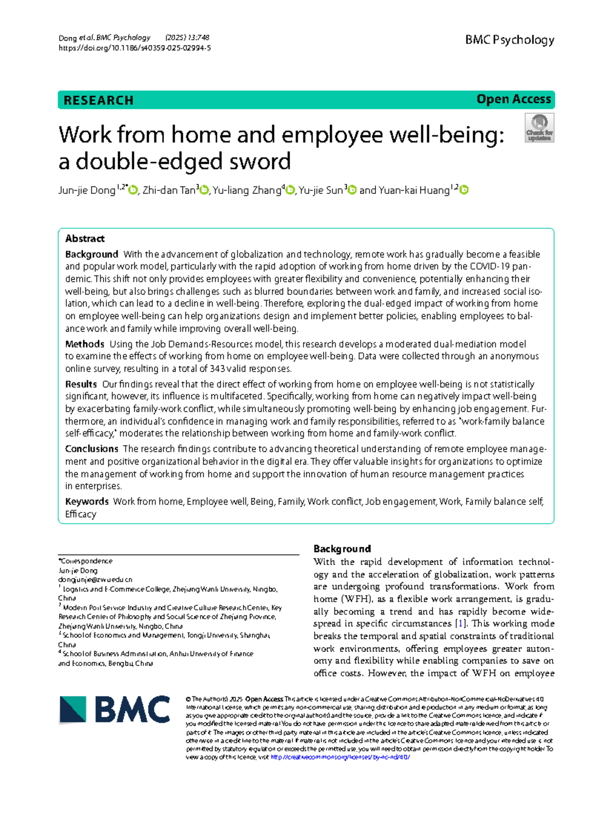 (2025) 13:748 Dong et al. Remote Work and Employee Well-Being: A Double ...