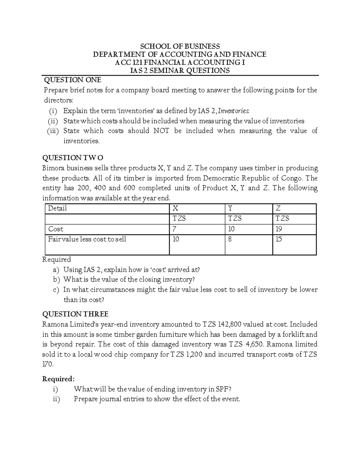 IAS 2 ACC 121 Seminar QN - Inventory Measurement Questions - Studocu