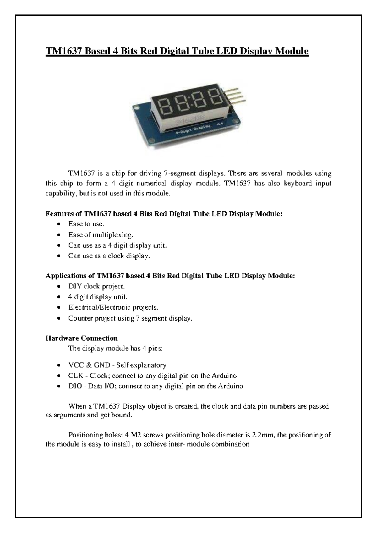 Datasheet tm1637 based 4 bits red digital tube led display module ...