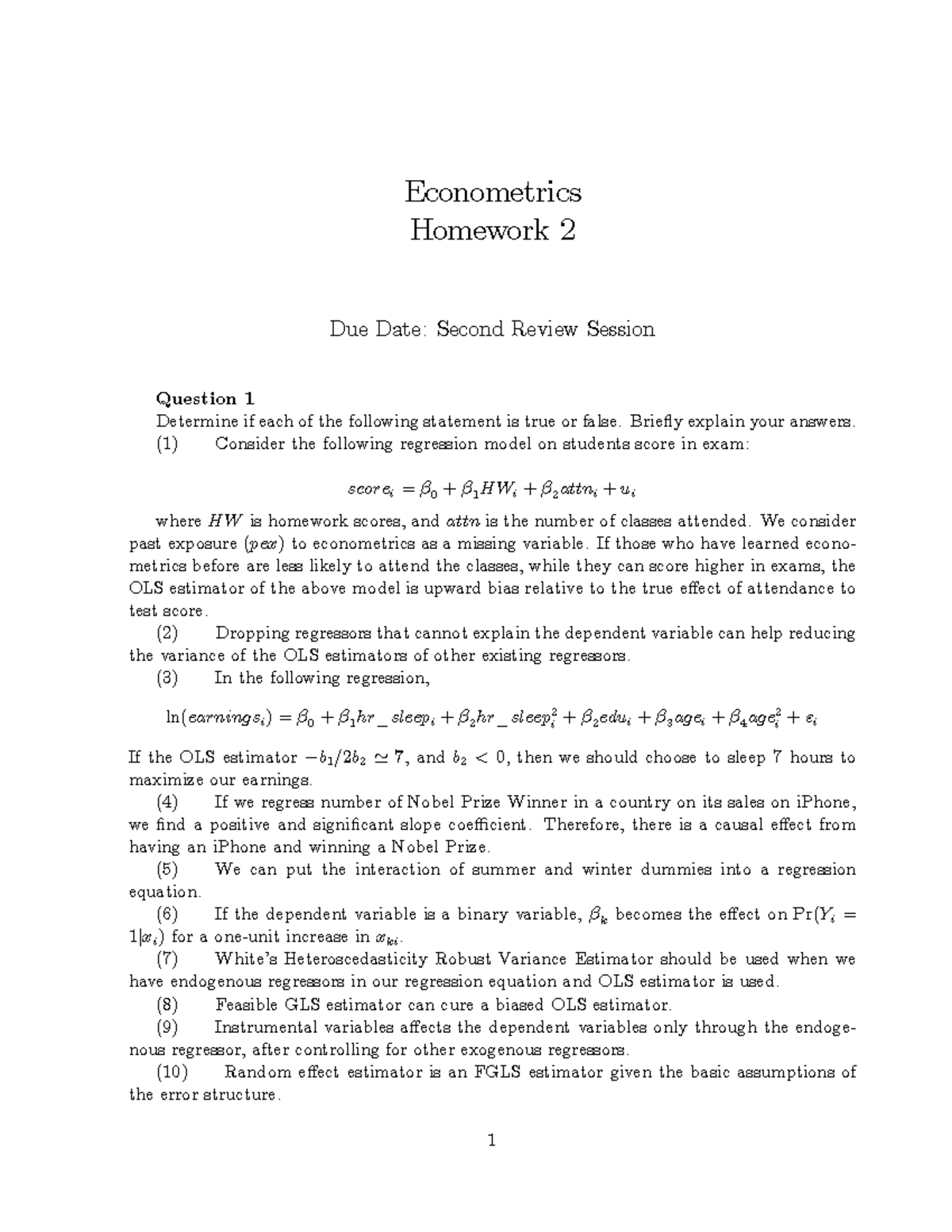 Hw2 - Econometrics Homework 2 Analysis and Review - Studocu