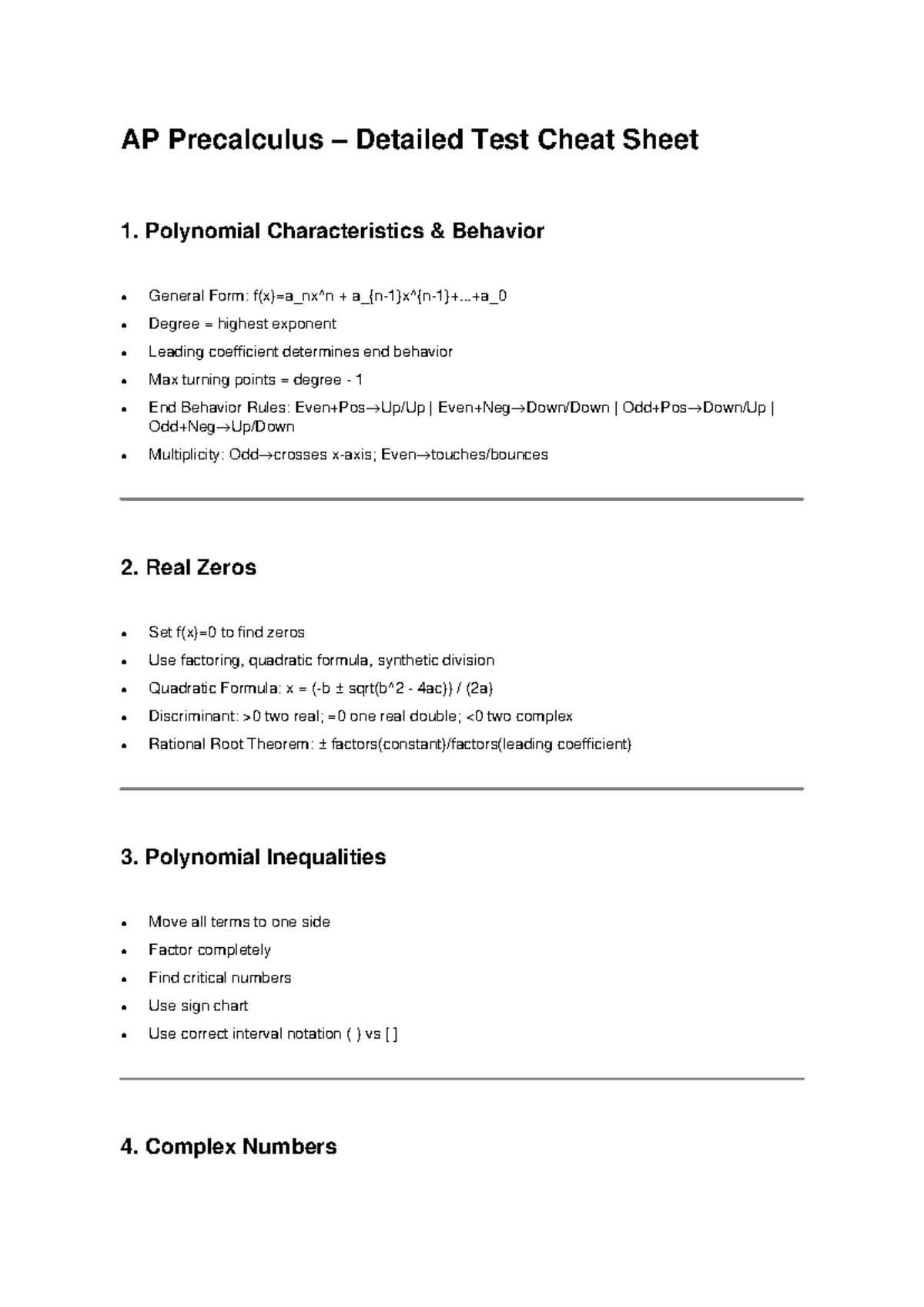 AP Precalculus Cheat Sheet: Polynomial Behavior & Complex Numbers - Studocu