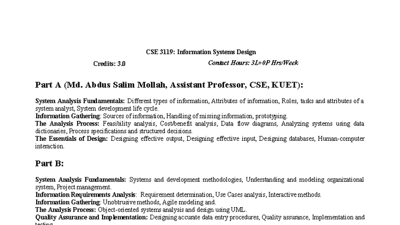 CSE 3119: Lecture Plan on Information Systems Design Fundamentals - Studocu